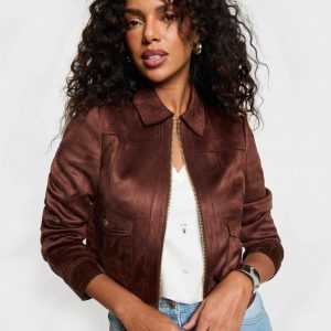 Chaqueta corta antelina marrón oscuro